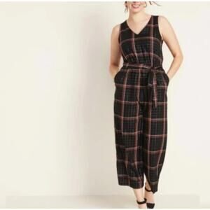 Old Navy XXL Plaid Sleeveless Jumpsuit Black Rust Cinched Waist Pockets FLAW